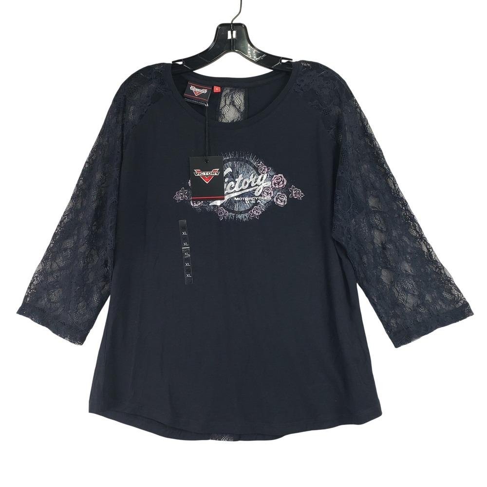 Victory Motorcycles Tee Women XL Black Lace Sleeve Biker Edgy Graphic Shirt